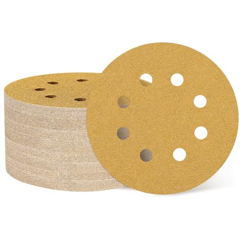 QUARKZMAN 200 Stück 125mm 5 Zoll Schleifscheiben 8 Löcher 60 Körnung Klett-Schleifpapier Zufällige Orbital-Schleifpads für Holzbearbeitung Automobil Metall, Gold von QUARKZMAN