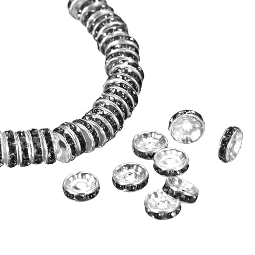 QUARKZMAN 200 Stück 8mm Rondelle Spacer Perlen, versilberte Strass Spacer Perlen, runde Spacer Lose Perlen für DIY Armband Halskette Schmuckherstellung, Schwarz von QUARKZMAN