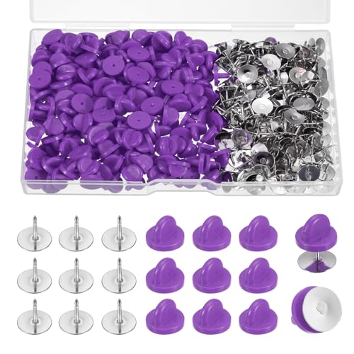 QUARKZMAN 200 Stück Paar Pin-Verschlüsse, Verriegelnde Pin-Verschlüsse für Pin-Halter, Verriegelnde Verschluss-Blanks mit Aufbewahrungsbox für Rucksäcke, Krawatten, Hüte, Abzeichen, Lila von QUARKZMAN