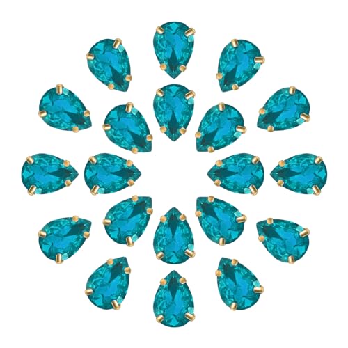 QUARKZMAN 20Stk Tropfenform Aufnähen Strassstein - 10x7mm Flach Rückseite Glas Tropfen Kristall Strass Gold Zinken Setting für Handwerkliche Basteln Schmuck Kleidung Verzierungen (See Blau) von QUARKZMAN