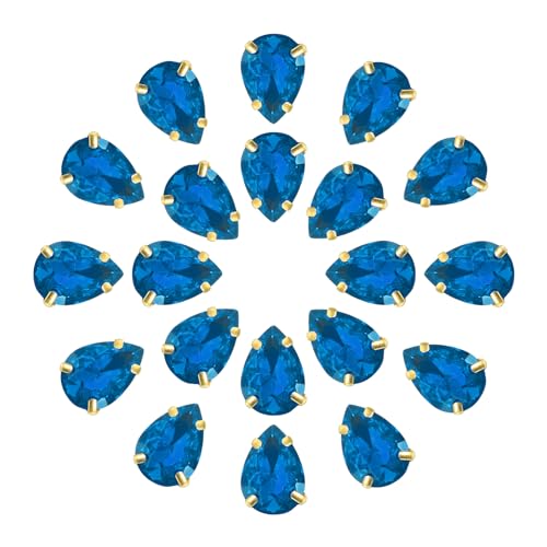 QUARKZMAN 20Stk Tropfenform Aufnähen Strassstein - 14x10mm Flach Rückseite Glas Tropfen Kristall Strass Gold Zinken Setting für Handwerkliche Basteln Schmuck Kleidung Verzierungen (Blau) von QUARKZMAN
