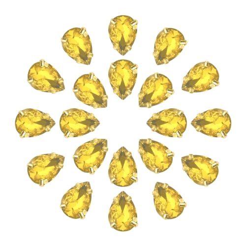 QUARKZMAN 20Stk Tropfenform Aufnähen Strassstein - 14x10mm Flach Rückseite Glas Tropfen Kristall Strass Gold Zinken Setting für Handwerkliche Basteln Schmuck Kleidung Verzierungen (Gelb) von QUARKZMAN