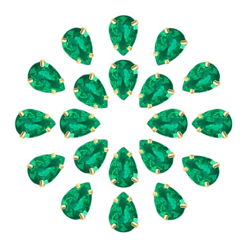 QUARKZMAN 20Stk Tropfenform Aufnähen Strassstein - 14x10mm Flach Rückseite Glas Tropfen Kristall Strass Gold Zinken Setting für Handwerkliche Basteln Schmuck Kleidung Verzierungen (Grün) von QUARKZMAN