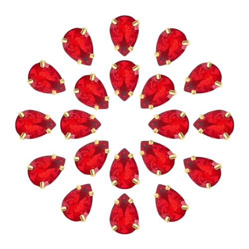 QUARKZMAN 20Stk Tropfenform Aufnähen Strassstein - 14x10mm Flach Rückseite Glas Tropfen Kristall Strass Gold Zinken Setting für Handwerkliche Basteln Schmuck Kleidung Verzierungen (Hellrot) von QUARKZMAN