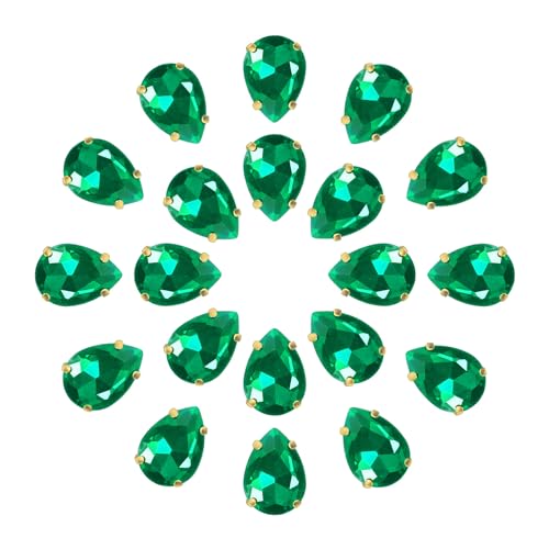 QUARKZMAN 20Stk Tropfenform Aufnähen Strassstein - 18x13mm Flach Rückseite Glas Tropfen Kristall Strass Gold Zinken Setting für Handwerkliche Basteln Schmuck Kleidung Verzierungen (Grün) von QUARKZMAN