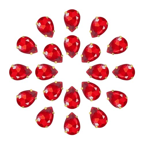 QUARKZMAN 20Stk Tropfenform Aufnähen Strassstein - 18x13mm Flach Rückseite Glas Tropfen Kristall Strass Gold Zinken Setting für Handwerkliche Basteln Schmuck Kleidung Verzierungen (Hellrot) von QUARKZMAN
