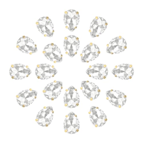 QUARKZMAN 20Stk Tropfenform Aufnähen Strassstein - 18x13mm Flach Rückseite Glas Tropfen Kristall Strass Gold Zinken Setting für Handwerkliche Basteln Schmuck Kleidung Verzierungen (Weiß) von QUARKZMAN