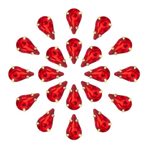 QUARKZMAN 20Stk Tropfenform Aufnähen Strassstein - 8x5mm Flach Rückseite Glas Tropfen Kristall Strass Gold Zinken Setting für Handwerkliche Basteln Schmuck Kleidung Verzierungen (Hellrot) von QUARKZMAN