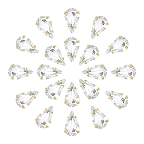 QUARKZMAN 20Stk Tropfenform Aufnähen Strassstein - 8x5mm Flach Rückseite Glas Tropfen Kristall Strass Gold Zinken Setting für Handwerkliche Basteln Schmuck Kleidung Verzierungen (Weiß) von QUARKZMAN