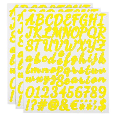 QUARKZMAN 252 Stück 3 Blätter Buchstaben aufkleber, Selbstklebende Nummern Klebebuchstaben Vinyl Wasserdichte für Schriftzug aufkleber Wunschtext Adressnummer DIY Scrapbooking,Gelb von QUARKZMAN