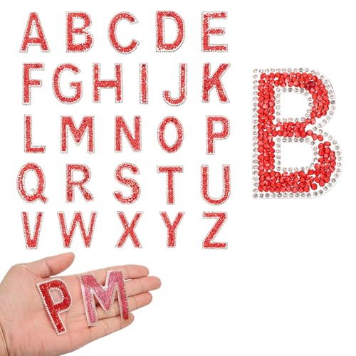QUARKZMAN 26 Stück Strass-Buchstaben-Bügelflicken, A-Z Selbstklebende Glitzernde Strass-Alphabet-Buchstaben-Aufkleber-Applikationen für DIY-Jacken, Hüte, Kleidung, Rucksäcke, Rot von QUARKZMAN