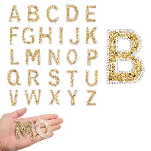 QUARKZMAN 26 Stück Strass-Bügelbuchstaben, A-Z Selbstklebende Glitzernde Strass-Alphabet-Buchstaben-Aufkleber-Applikationen für DIY-Jacken, Hüte, Kleidung, Rucksäcke, Gold von QUARKZMAN