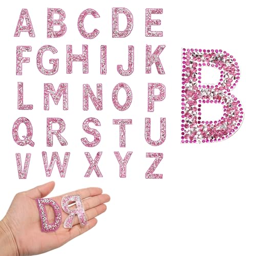 QUARKZMAN 26 Stück Strass-Bügelbuchstaben, A-Z Selbstklebende Glitzernde Strass-Alphabet-Buchstaben-Aufkleber-Applikationen für DIY-Jacken, Hüte, Kleidung, Rucksäcke, Rosarot von QUARKZMAN