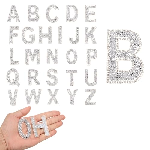 QUARKZMAN 26 Stück Strass-Bügelbuchstaben, A-Z Selbstklebende Glitzernde Strass-Alphabet-Buchstaben-Aufkleber-Applikationen für DIY-Jacken, Hüte, Kleidung, Rucksäcke, Silber von QUARKZMAN