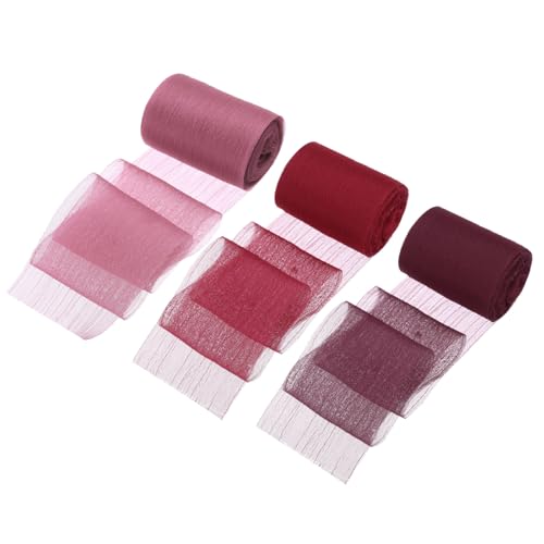 QUARKZMAN 3 Rollen Band Crinkle Chiffon, 1,5" 6 Yards Handgemachter Tüllstoff Seidenband Stoff für Blumenstrauß Geschenkverpackung DIY Basteln Hochzeit, Weinrot, Rot, Tiefrosa von QUARKZMAN