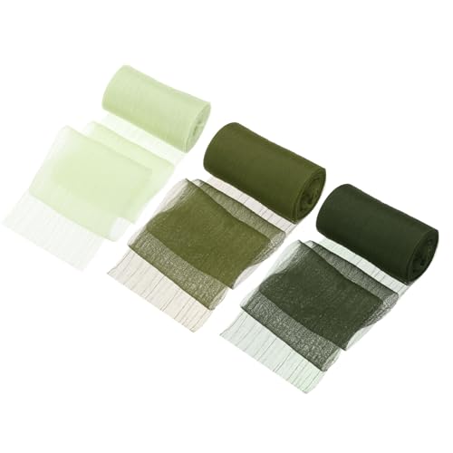 QUARKZMAN 3 Rollen Band Crinkle Chiffon, 2" 6 Yards Handgemachter Tüllstoff Seidenband Stoff für Blumenstrauß Geschenkverpackung DIY Basteln Hochzeit, Dunkelgrün, Waldgrün, Gelbgrün von QUARKZMAN