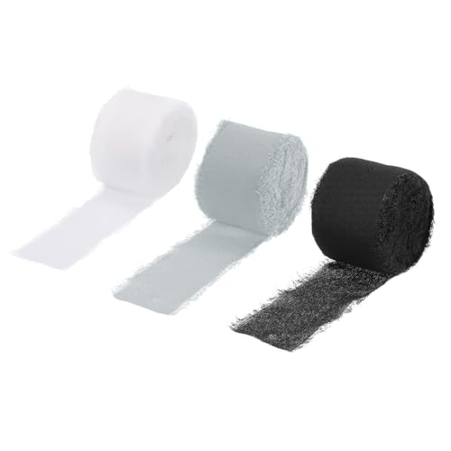 QUARKZMAN 3 Rollen Chiffonband, 1-1/2 Zoll 10 Yards Seidenband Stoffband Handgemachtes Blumenfransenband für Geschenkverpackungen Basteln Blumenstrauß, Schwarz/Weiß/Hellgrau von QUARKZMAN