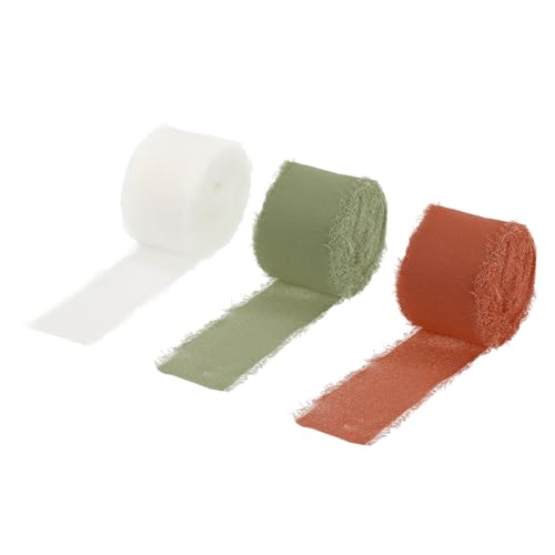 QUARKZMAN 3 Rollen Chiffonband, 1-1/2 Zoll 10 Yards Seidenband Stoffband Handgemachtes Blumenfransenband zum Geschenkverpacken Basteln Blumenstrauß, Creme/Salbeigrün/Kaffee von QUARKZMAN