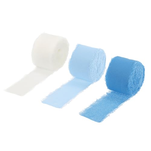 QUARKZMAN 3 Rollen Chiffonband, 1-1/2 Zoll 10 Yards Seidenband Stoffband Handgemachtes Blumenfransenband zum Geschenkverpacken Basteln Blumenstrauß, Marineblau/Hellblau/Creme von QUARKZMAN