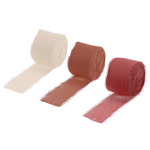 QUARKZMAN 3 Rollen Chiffonband, 1-1/2 Zoll 10 Yards Seidenband Stoffband Handgemachtes Blumenfransenband zum Geschenkverpacken Basteln Blumenstrauß, Orange Rot/Helles Kaffee/Helles Creme von QUARKZMAN