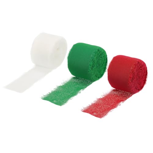 QUARKZMAN 3 Rollen Chiffonband, 1-1/2 Zoll 10 Yards Seidenband Stoffband Handgemachtes Blumenfransenband zum Geschenkverpacken Basteln Blumenstrauß, Rot/Grün/Creme von QUARKZMAN