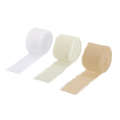 QUARKZMAN 3 Rollen Chiffonband, 1-1/2 Zoll 10 Yards Seidenband Stoffband Handgemachtes Blumenfransenband zum Geschenkverpacken Basteln Blumenstrauß, Tiefes Beige/Nude/Weiß von QUARKZMAN