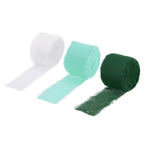 QUARKZMAN 3 Rollen Chiffonband, 1-1/2 Zoll 7 Yards Seidenband Stoffband Handgemachtes Blumenfransenband zum Geschenkverpacken Basteln Blumenstrauß, Dunkelgrün/Mintgrün/Beige Weiß von QUARKZMAN