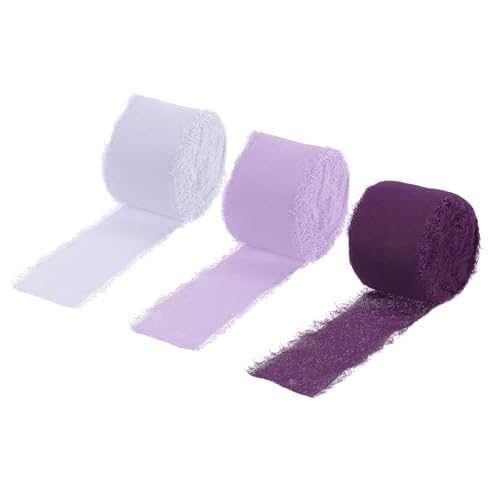 QUARKZMAN 3 Rollen Chiffonband, 2 Zoll 7 Yards Seidenband Stoffband Handgemachtes Blumenfransenband zum Geschenkverpacken Basteln Blumenstrauß, Heißrosa/Helllila/Traube Lila von QUARKZMAN