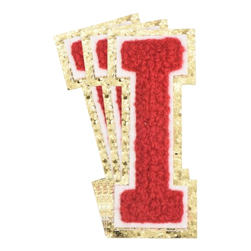 QUARKZMAN 3 Stück Buchstaben zum Aufbügeln, 80 mm Selbstklebende Chenille Buchstaben I mit Glitzer-Goldrand, Gestickter Patch zum Aufbügeln für Kleidung, Taschen, Hut, DIY (Rot) von QUARKZMAN