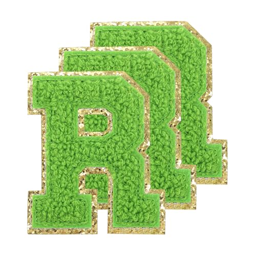QUARKZMAN 3 Stück Buchstaben zum Aufbügeln, 80 mm Selbstklebende Chenille Buchstaben R mit Glitzer-Goldrand, Gestickter Patch zum Aufbügeln für Kleidung, Taschen, Hut, DIY (Grün) von QUARKZMAN