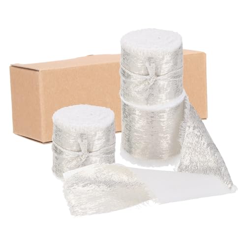 QUARKZMAN 3 Stück Chiffonband, 1 1/2"x5 Yard Seidenband, Hell Champagner Glitzer Stoffband Handgemachtes Fransenband für Blumenstrauß Geschenkverpackung DIY Basteln Hochzeit von QUARKZMAN
