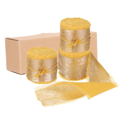 QUARKZMAN 3 Stück Chiffonband, 1"x5 Yard Seidenband, Gold Glitzer Stoffband Handgemachtes Fransenband für Blumenstrauß Geschenkverpackung DIY Basteln Hochzeit von QUARKZMAN
