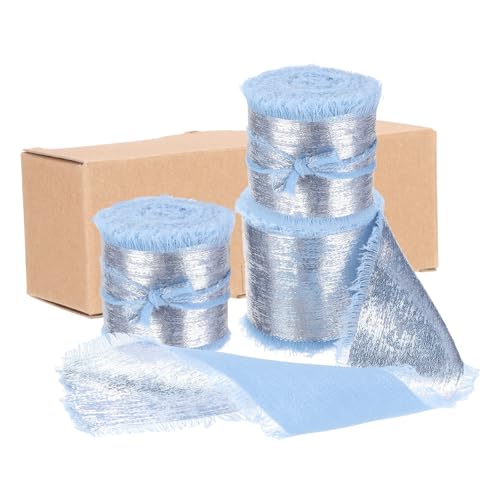 QUARKZMAN 3 Stück Chiffonband, 1"x5 Yard Seidenband, Grau Blau Glitzer Stoffband Handgemachtes Fransenband für Blumenstrauß Geschenkverpackung DIY Basteln Hochzeit von QUARKZMAN