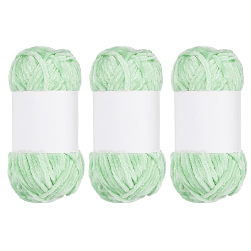 QUARKZMAN 3 Stück Samt Chenille Garn Dickes Flauschiges Klobiges Garn zum Häkeln Weiche Chenille Decke zum Handstricken Häkeln (Hellgrün, 87,5 Yards/80m) von QUARKZMAN