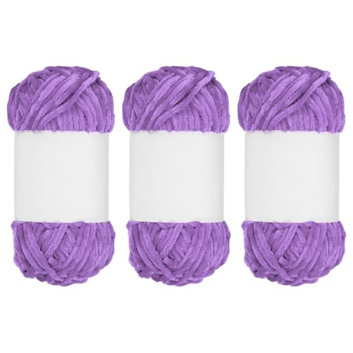 QUARKZMAN 3 Stück Samt Chenille Garn Dickes Flauschiges Klobiges Garn zum Häkeln Weiche Chenille Decke zum Handstricken Häkeln (Lila, 87,5 Yards/80m) von QUARKZMAN