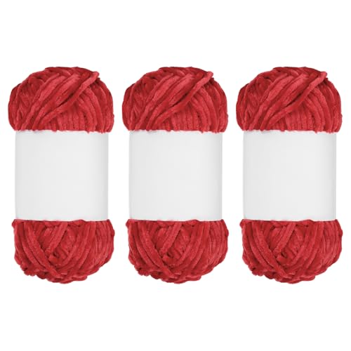 QUARKZMAN 3 Stück Samt Chenille Garn Dickes Flauschiges Klobiges Garn zum Häkeln Weiche Chenille Decke zum Handstricken Häkeln (Rot, 87,5 Yards/80m) von QUARKZMAN