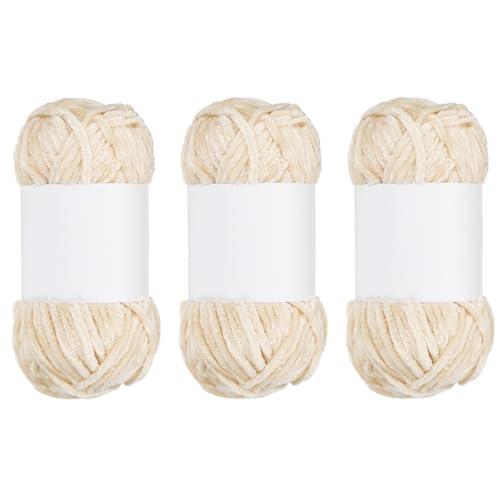 QUARKZMAN 3 Stück Samt Chenille Garn Dickes Flauschiges Klobiges Garn zum Häkeln Weiches Chenille-Decke zum Handstricken Häkeln (BleichKhaki, 87,5 Yards/80m) von QUARKZMAN