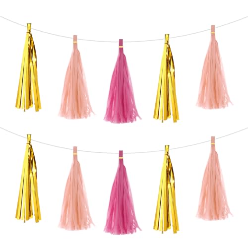 QUARKZMAN 30 Stück Helle Gold-, Rosarot-, Hellrosa-Quaste Girlande Banner mit Seidenpapier Quasten Party DIY Kits für Jubiläum Hochzeit Geburtstagsparty von QUARKZMAN