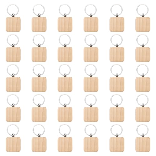 QUARKZMAN 30 Stück Holz Schlüsselanhänger, Karabiner Schlüsselanhänger Personalisiert für DIY Bastel, Ledergürtel, Glückswürmchen, Sorgenwürmchen, Makramee(Quadratisch) von QUARKZMAN