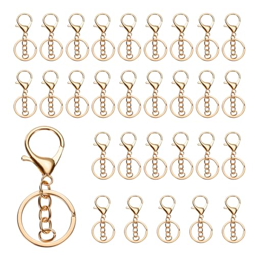 QUARKZMAN 30 Stück Schlüsselanhänger 30mm, Schlüsselring mit Flachem Karabiner und Kette für DIY Bastel, Glückswürmchen, Sorgenwürmchen, Makramee (Gold) von QUARKZMAN