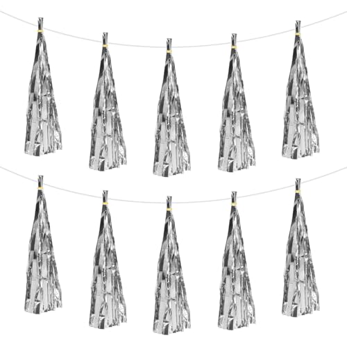 QUARKZMAN 30 Stücke Helle Silber Quaste Girlande Banner mit Seil Tissue Papier Quasten Party DIY Kits für Jubiläum Hochzeit Geburtstagsfeier von QUARKZMAN