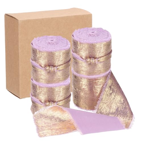QUARKZMAN 4 Stück Chiffonband, 1 1/2"x5 Yard Seidenband, Hellvioletter Glitzerstoffband Handgefertigtes Fransenband für Blumenstrauß Geschenkverpackung DIY Basteln Hochzeit von QUARKZMAN