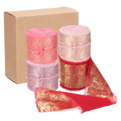 QUARKZMAN 4 Stück Chiffonband, 1 1/2"x5 Yard Seidenband, Rosarot Blassrosa Pink Rot Glitzer Stoffband Handgefertigtes Fransenband für Blumenstrauß Geschenkverpackung DIY Basteln Hochzeit von QUARKZMAN