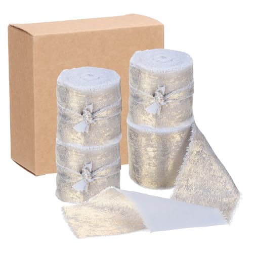 QUARKZMAN 4 Stück Chiffonband, 1"x5 Yard Seidenband, Hellblau Glitzer Stoffband Handgemachtes Fransenband für Blumenstrauß Geschenkverpackung DIY Basteln Hochzeit von QUARKZMAN