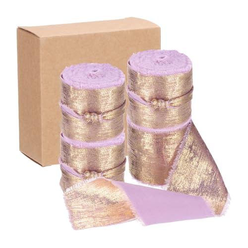 QUARKZMAN 4 Stück Chiffonband, 1"x5 Yard Seidenband, Hellvioletter Glitzerstoffband Handgefertigtes Fransenband für Blumenstrauß Geschenkverpackung DIY Basteln Hochzeit von QUARKZMAN