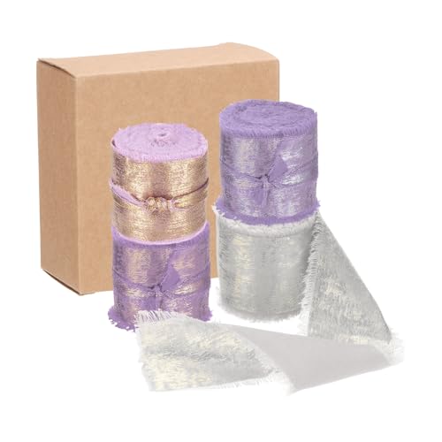 QUARKZMAN 4 Stück Chiffonband, 1"x5 Yard Seidenband, Lila Traube Silber Lila Glitzer Stoffband Handgefertigtes Fransenband für Blumenstrauß Geschenkverpackung DIY Basteln Hochzeit von QUARKZMAN