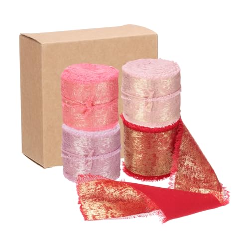 QUARKZMAN 4 Stück Chiffonband, 1"x5 Yard Seidenband, Rosarot Blassrosa Pink Rot Glitzer Stoffband Handgefertigtes Fransenband für Blumenstrauß Geschenkverpackung DIY Basteln Hochzeit von QUARKZMAN
