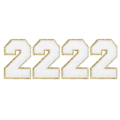 QUARKZMAN 4 Stück Glitzer Nummern-Patches 8,4 cm / 3,3" Chenille-Stickerei Zahlen zum Aufbügeln für Teamuniformen, Sport-T-Shirts, Hüte, Taschen (Weiß, 2) von QUARKZMAN