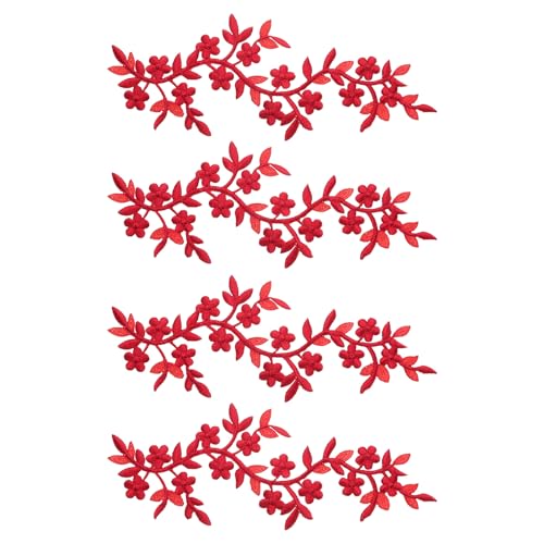 QUARKZMAN 4 Stück Lange Patch Blumenranke mit Blatt, 10" x 4" Aufbügelbare Pflaumen-Patches aus Polyester bestickt für Vorhang Kissen Kleidung Nähen und Dekoration, Rot von QUARKZMAN