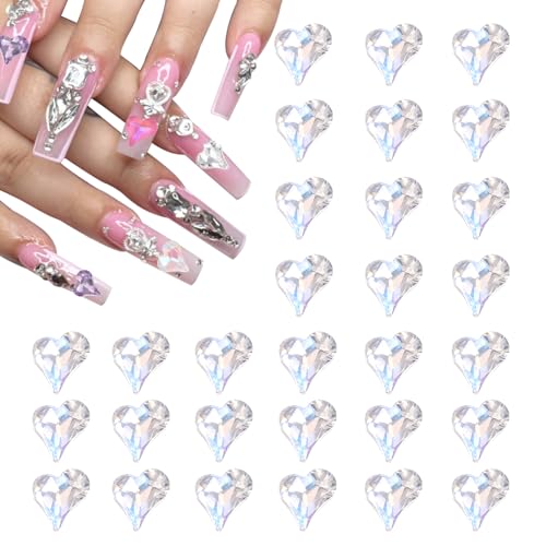 QUARKZMAN 40 Stk. 3D Herz-Nagel-Charme Kristalle Nagelsteine 8x9mm Schiefes Herz-Form Charme Kunst Strass für Valentinstag Nagel DIY Dekoration, AB Farbe von QUARKZMAN